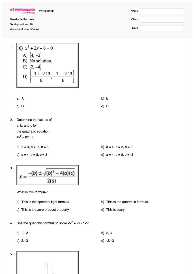 Quadratic Formula - Printable Quadratic Worksheets - Wayground