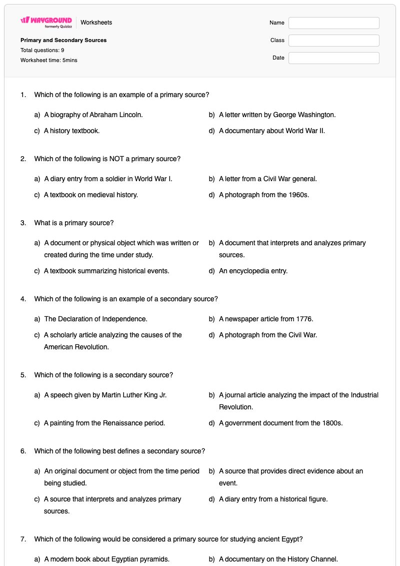 Primary and Secondary Sources - Printable Primary-and-secondary-sources Worksheets Class 8 - Wayground
