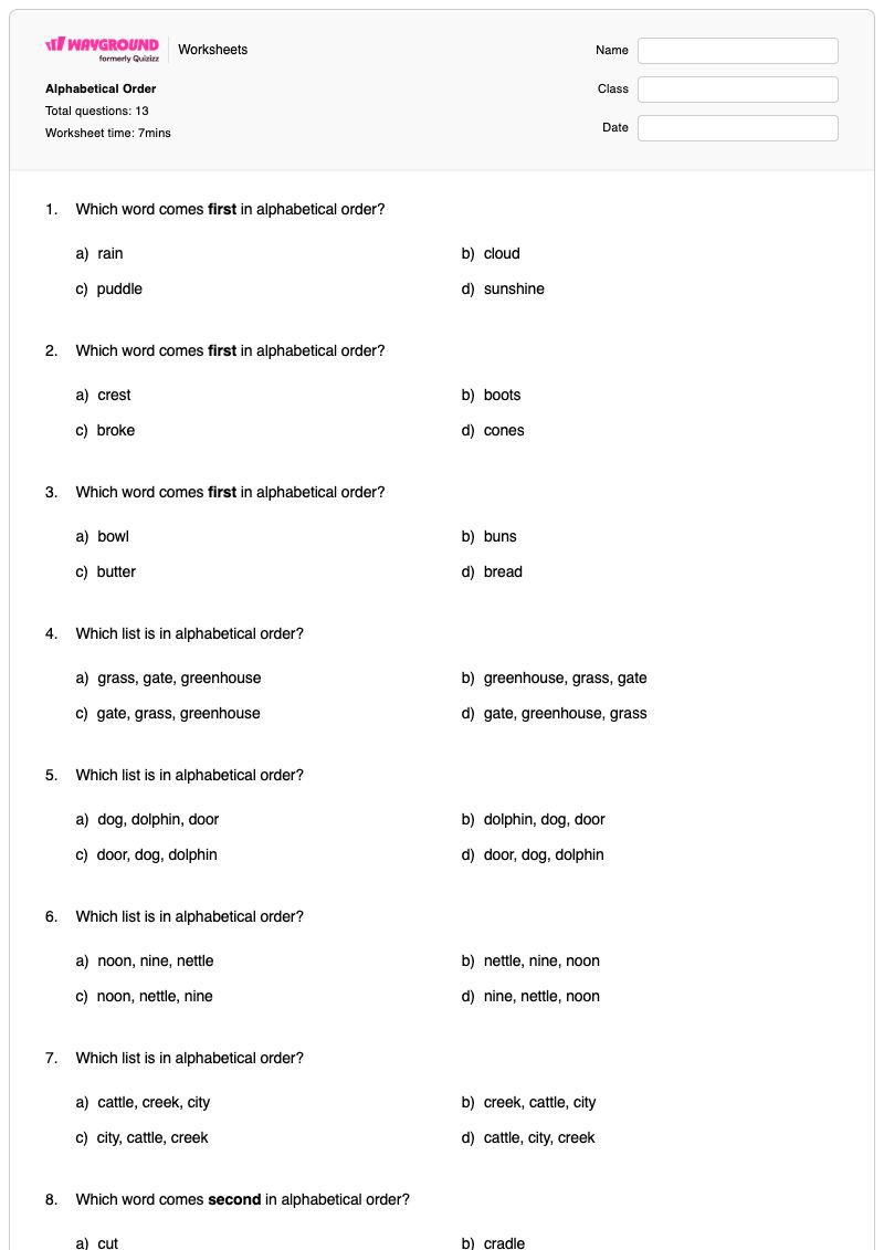 Alphabetical Order - Printable Alphabetical-order Worksheets Year 4 - Wayground