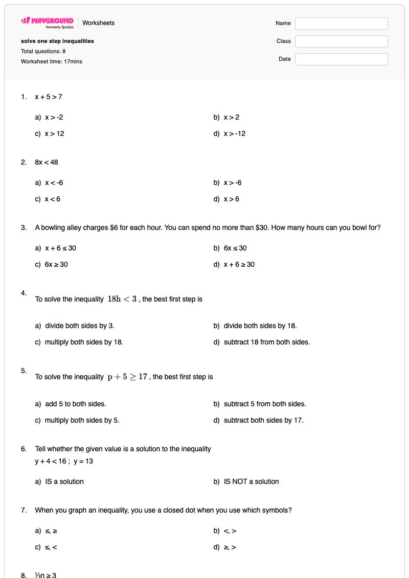 solve one step inequalities - Printable One-step-inequalities Worksheets - Wayground