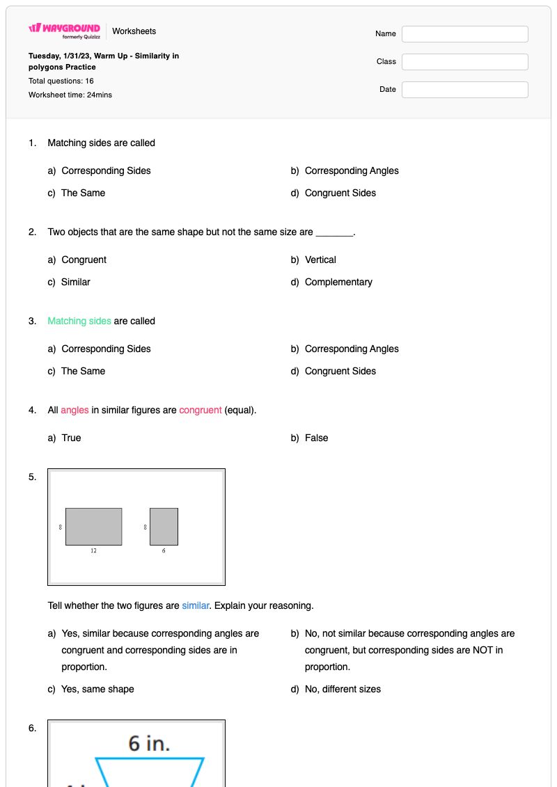 Tuesday, 1/31/23, Warm Up - Similarity in polygons Practice - พิมพ์ได้ Similar-polygons เวิร์กชีท ระดับ 10 - Wayground