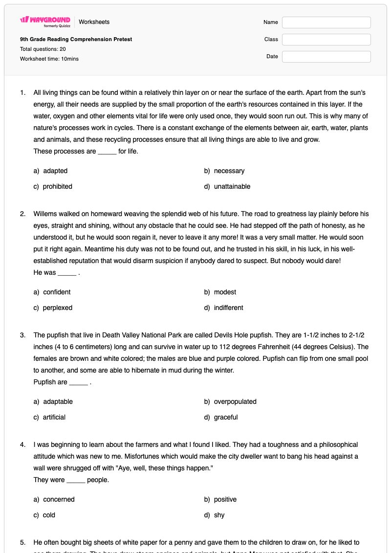 9th Grade Reading Comprehension Pretest - พิมพ์ได้ Reading เวิร์กชีท ระดับ 9 - Wayground