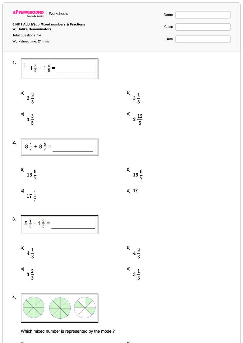5.NF.1 Add &Sub Mixed numbers & Fractions W' Unlike Denominators - Printable Adding-and-subtracting-mixed-numbers Worksheets - Wayground