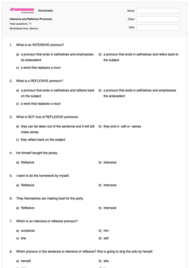 Intensive and Reflexive Pronouns - Printable Reflexive-pronouns Worksheets - Wayground