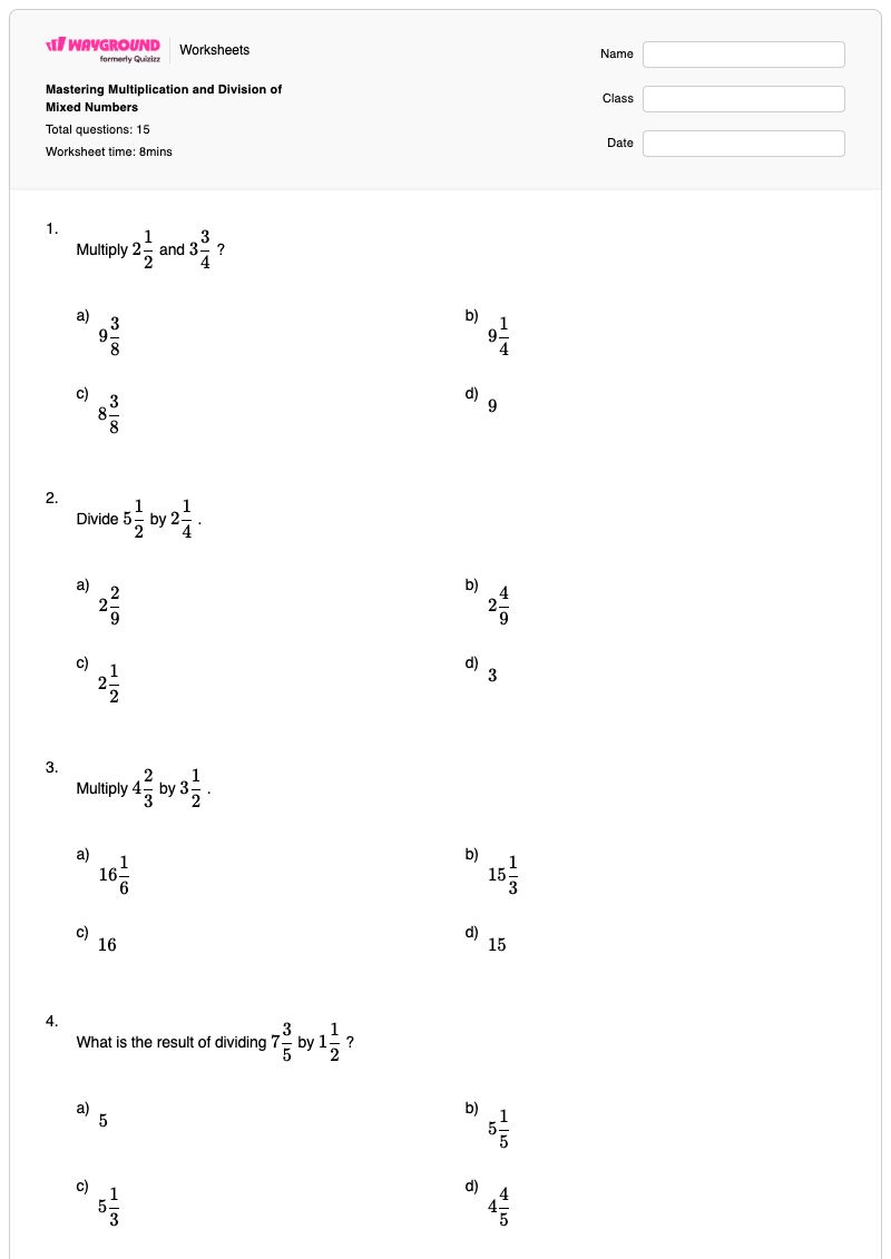 Mastering Multiplication and Division of Mixed Numbers - พิมพ์ได้ Mixed-multiplication-and-division เวิร์กชีท - Wayground