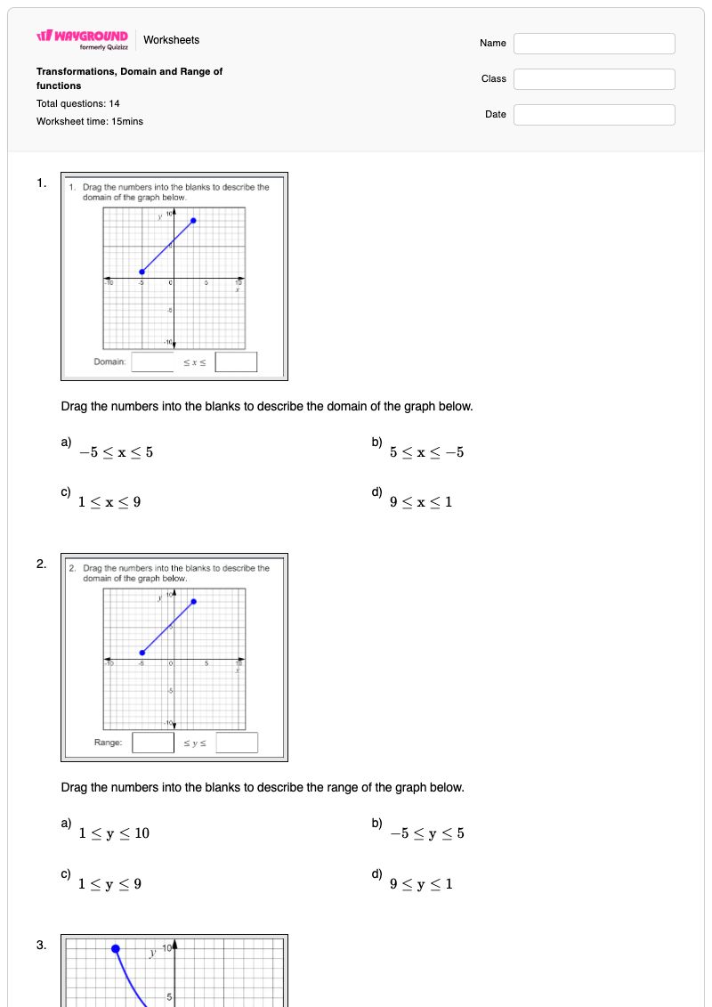 Transformations, Domain and Range of functions  - พิมพ์ได้ การเปลี่ยนแปลง เวิร์กชีท - Wayground