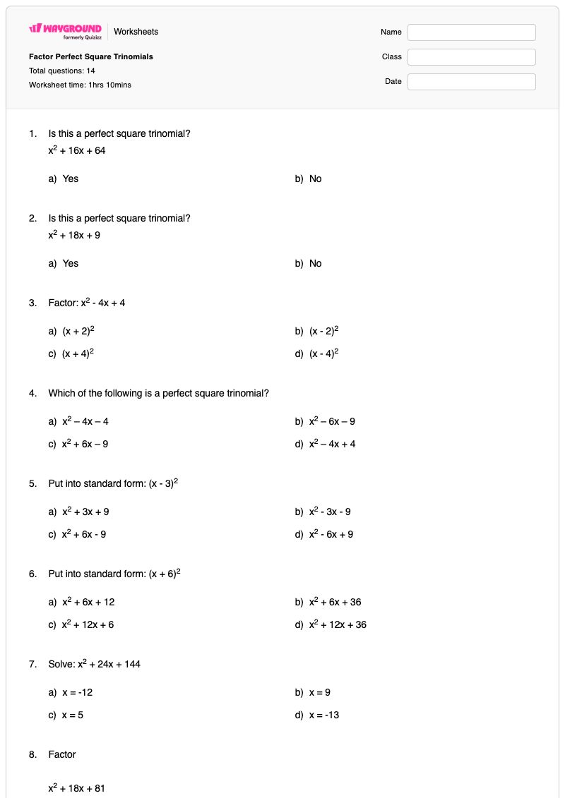 Factor Perfect Square Trinomials - พิมพ์ได้ พหุนามกำลังสองสมบูรณ์ เวิร์กชีท ระดับ 11 - Wayground