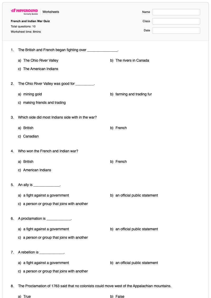 French and Indian War Quiz - Printable French-and-indian-war Worksheets - Wayground