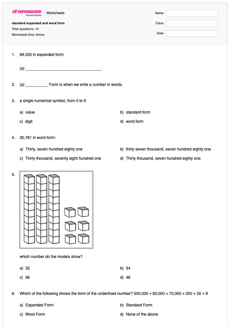 standard expanded and word form - พิมพ์ได้ คำศัพท์เกี่ยวกับตัวเลข เวิร์กชีท - Wayground