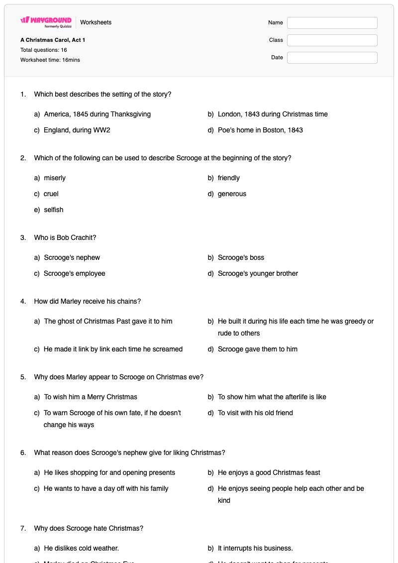 A Christmas Carol, Act 1 - พิมพ์ได้ Three-act-structure เวิร์กชีท ระดับ 7 - Wayground