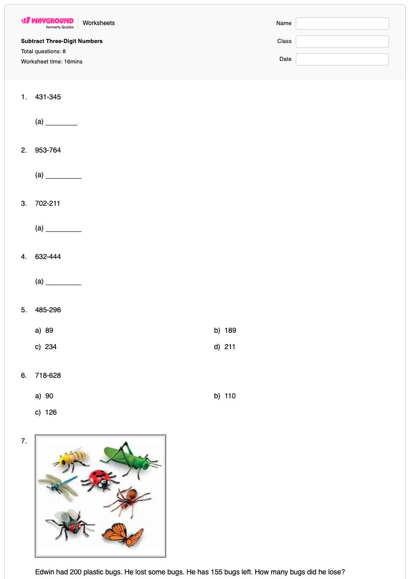 Subtract Three-Digit Numbers - พิมพ์ได้ ตัวเลขสามหลัก เวิร์กชีท ระดับ 2 - Wayground