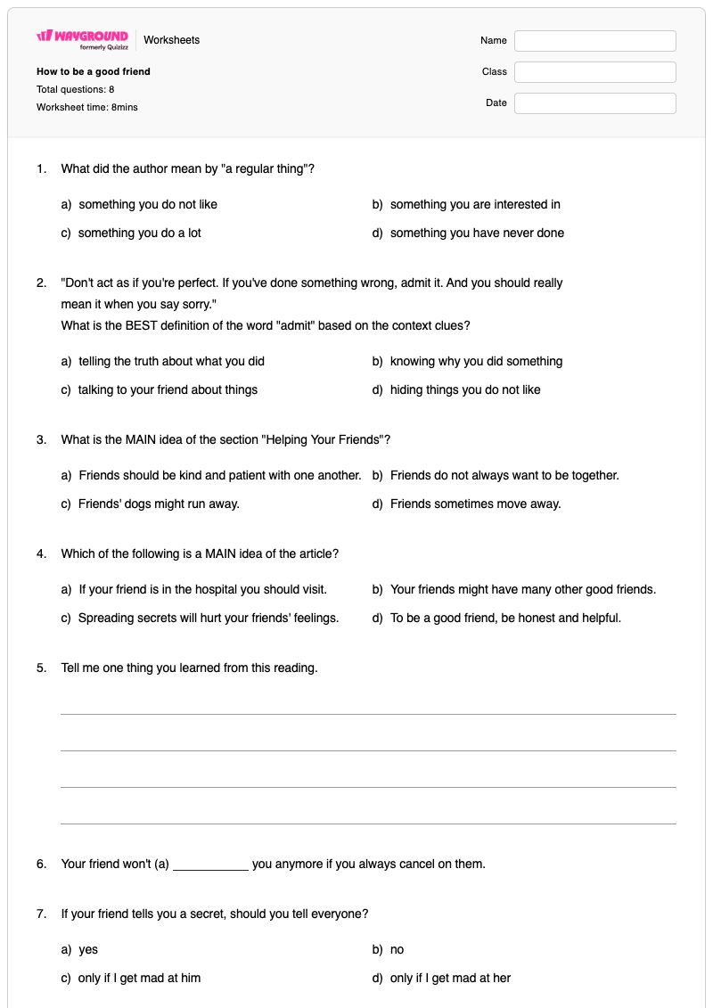 How to be a good friend - Printable Friendship Worksheets Year 2 - Wayground