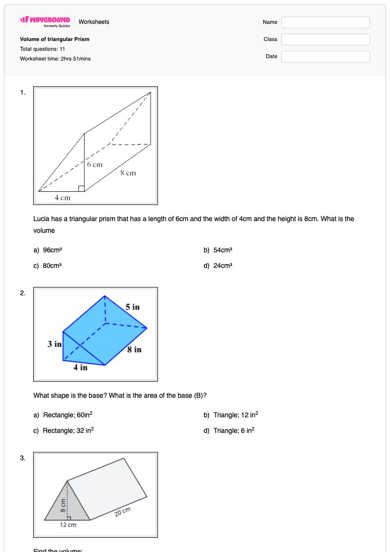 Volume of triangular Prism - พิมพ์ได้ Triangular-prisms เวิร์กชีท - Wayground
