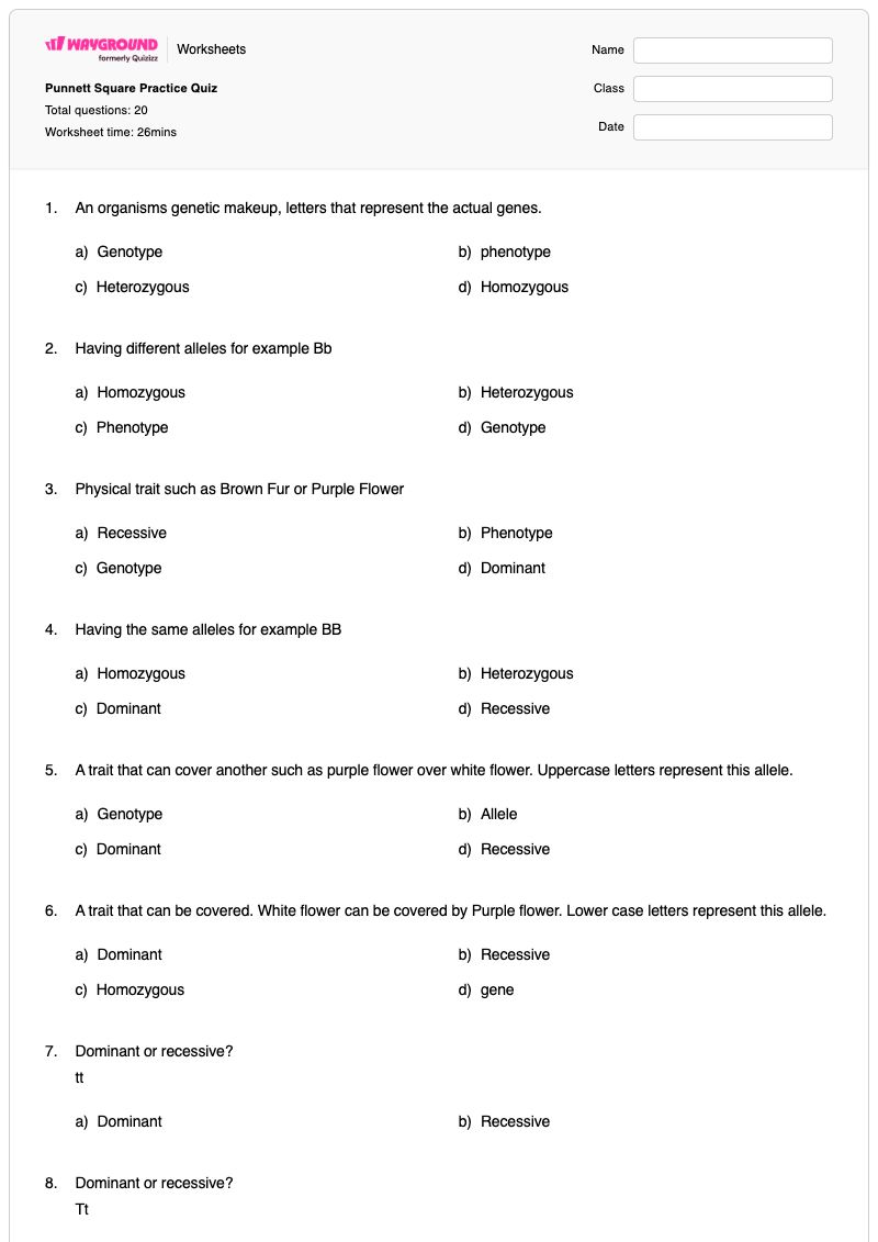Punnett Square Practice Quiz - พิมพ์ได้ Punnett-squares เวิร์กชีท ระดับ 8 - Wayground