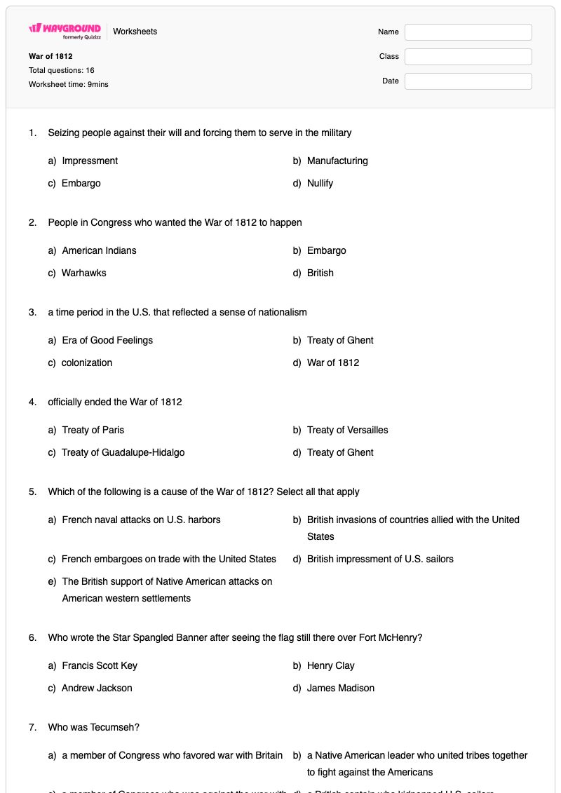 War of 1812 - Printable Choices-and-consequences Worksheets Year 8 - Wayground