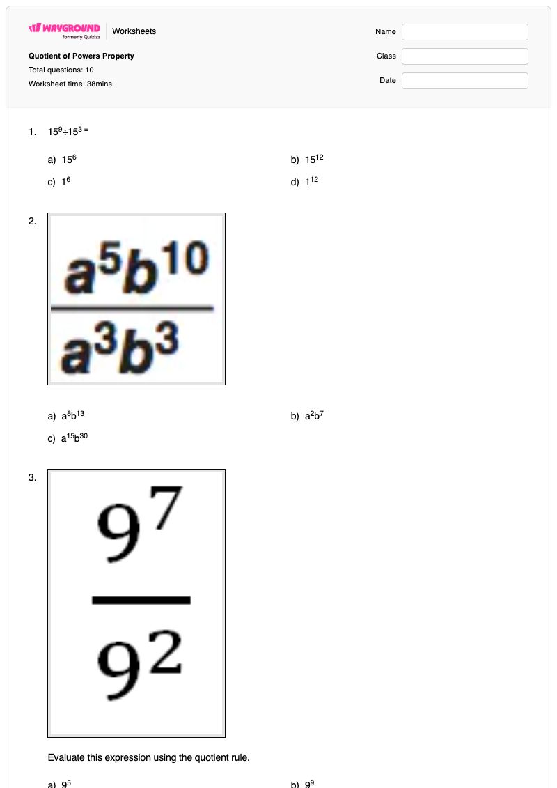 Quotient of Powers Property - Printable Quotient-of-powers Worksheets - Wayground