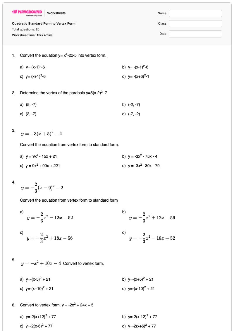 Quadratic Standard Form to Vertex Form - พิมพ์ได้ Vertex-form เวิร์กชีท - Wayground