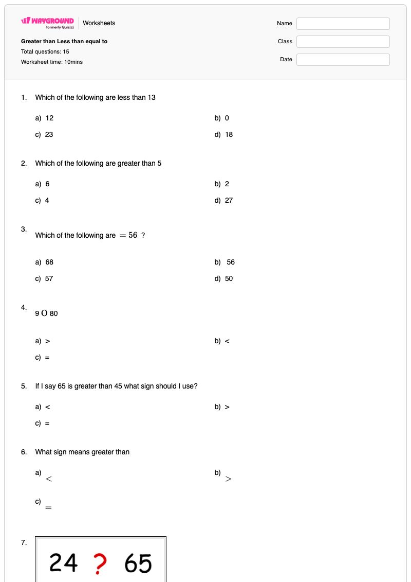 Greater than Less than equal to - Printable Greater-than-less-than Worksheets Grade 4 - Wayground
