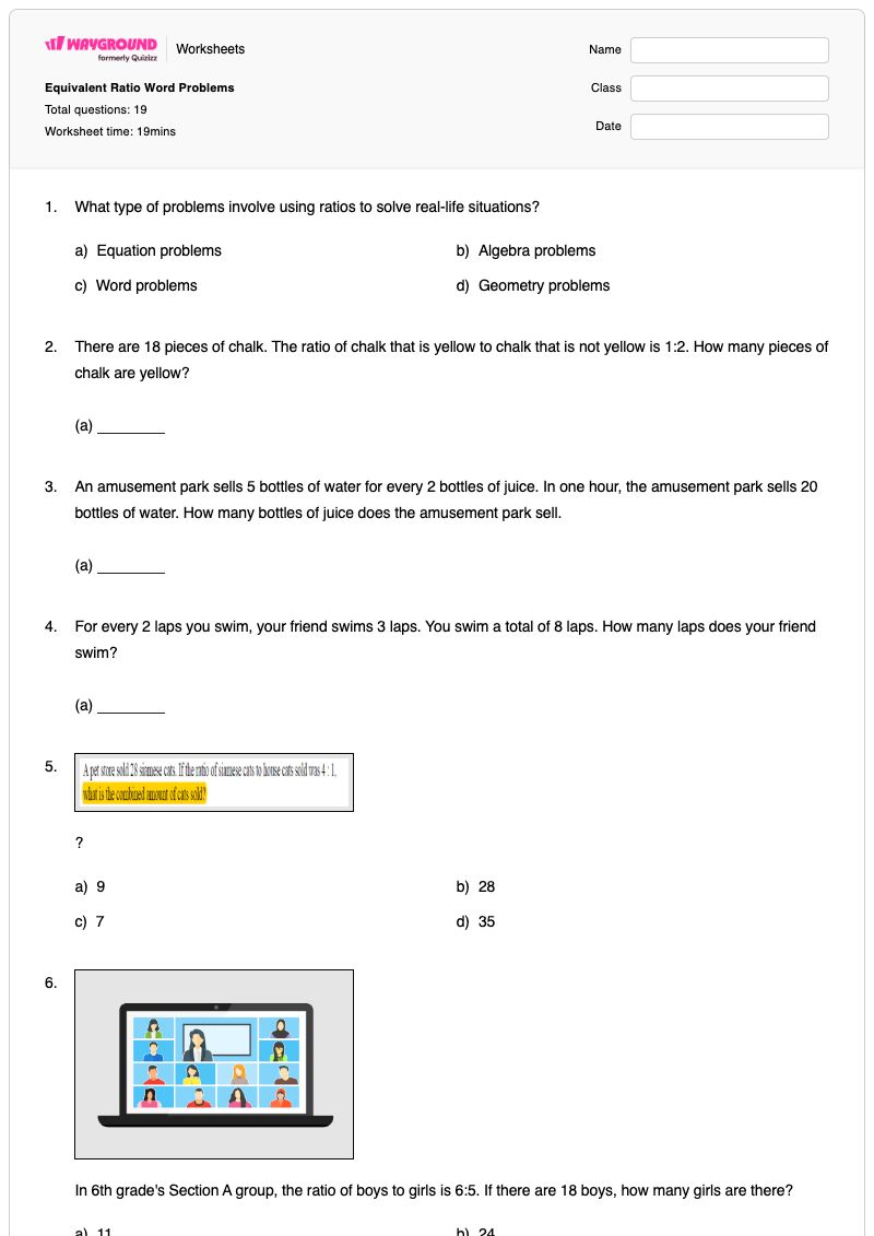Equivalent Ratio Word Problems - พิมพ์ได้ ปัญหาเกี่ยวกับอัตราส่วน เวิร์กชีท - Wayground