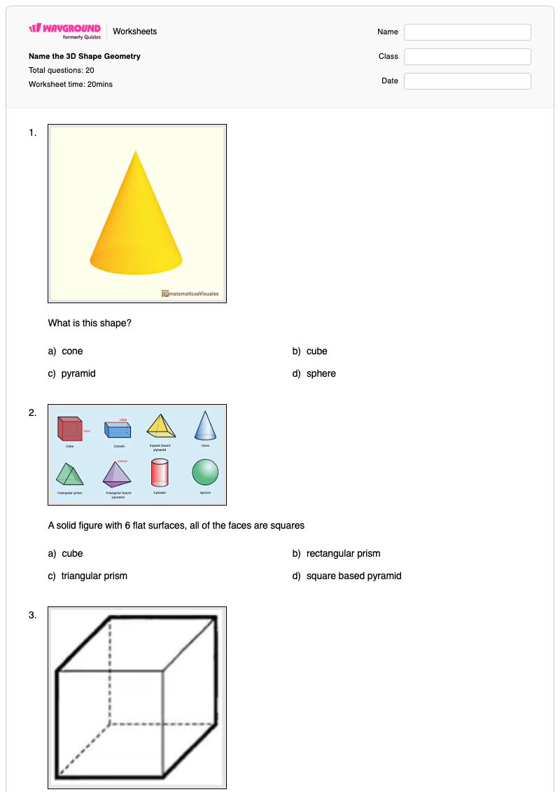 Name the 3D Shape Geometry - พิมพ์ได้ จุดยอด เวิร์กชีท ระดับ 2 - Wayground