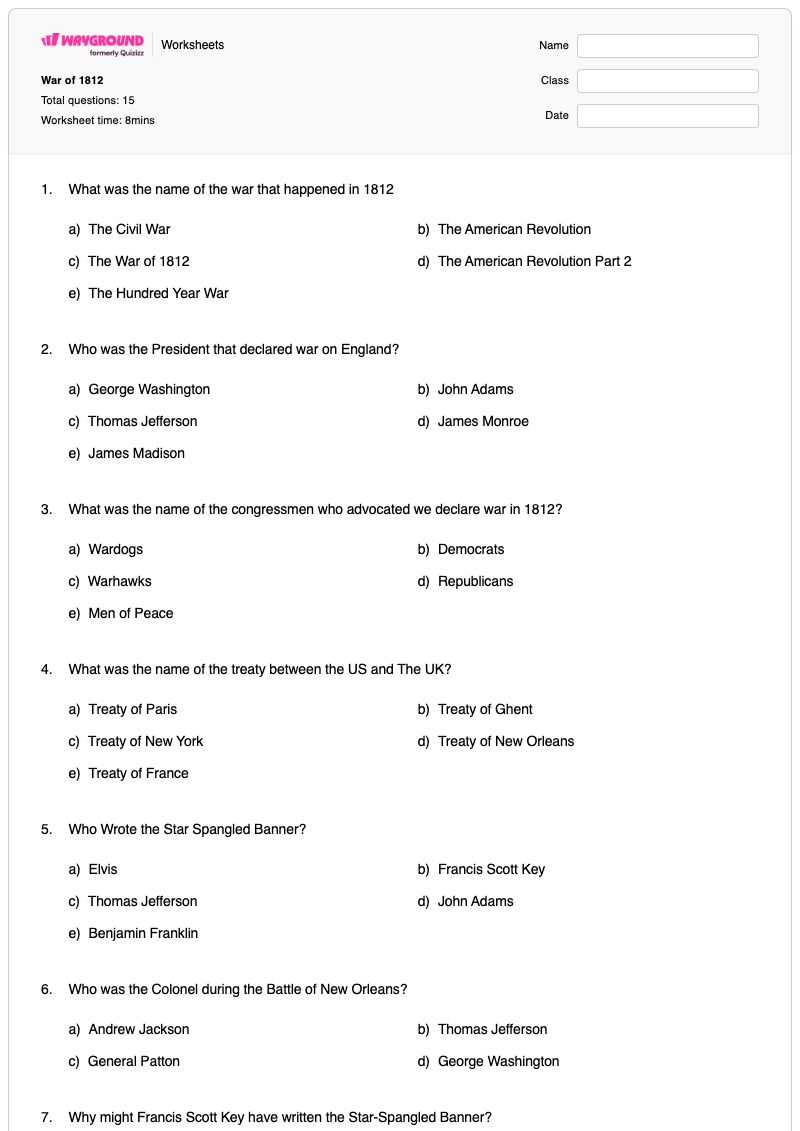 War of 1812 - Printable War-of-1812 Worksheets - Wayground