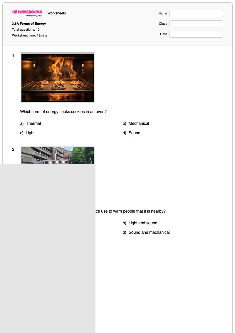 3.8A Forms of Energy - Printable Energy-conversions Worksheets Year 3 - Wayground