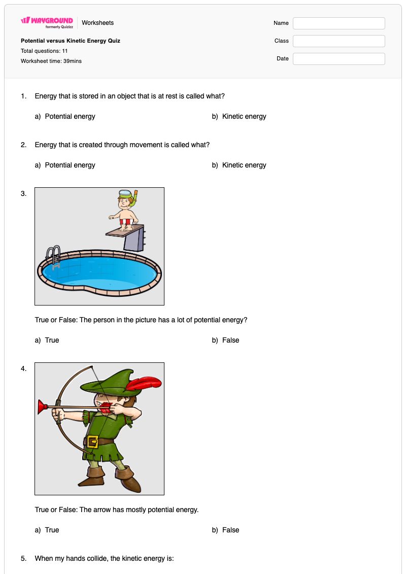 Potential versus Kinetic Energy Quiz - Printable Kinetic-energy Worksheets Grade 4 - Wayground