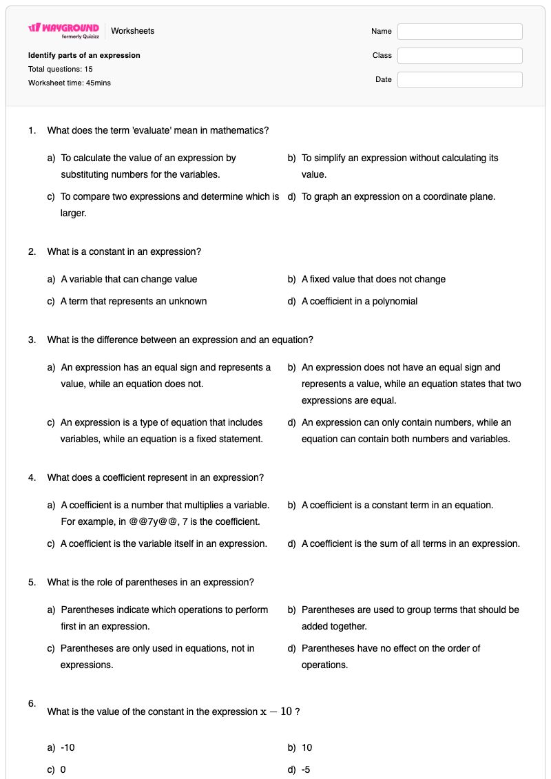 Identify parts of an expression  - Printable Parts-of-an-expression Worksheets - Wayground