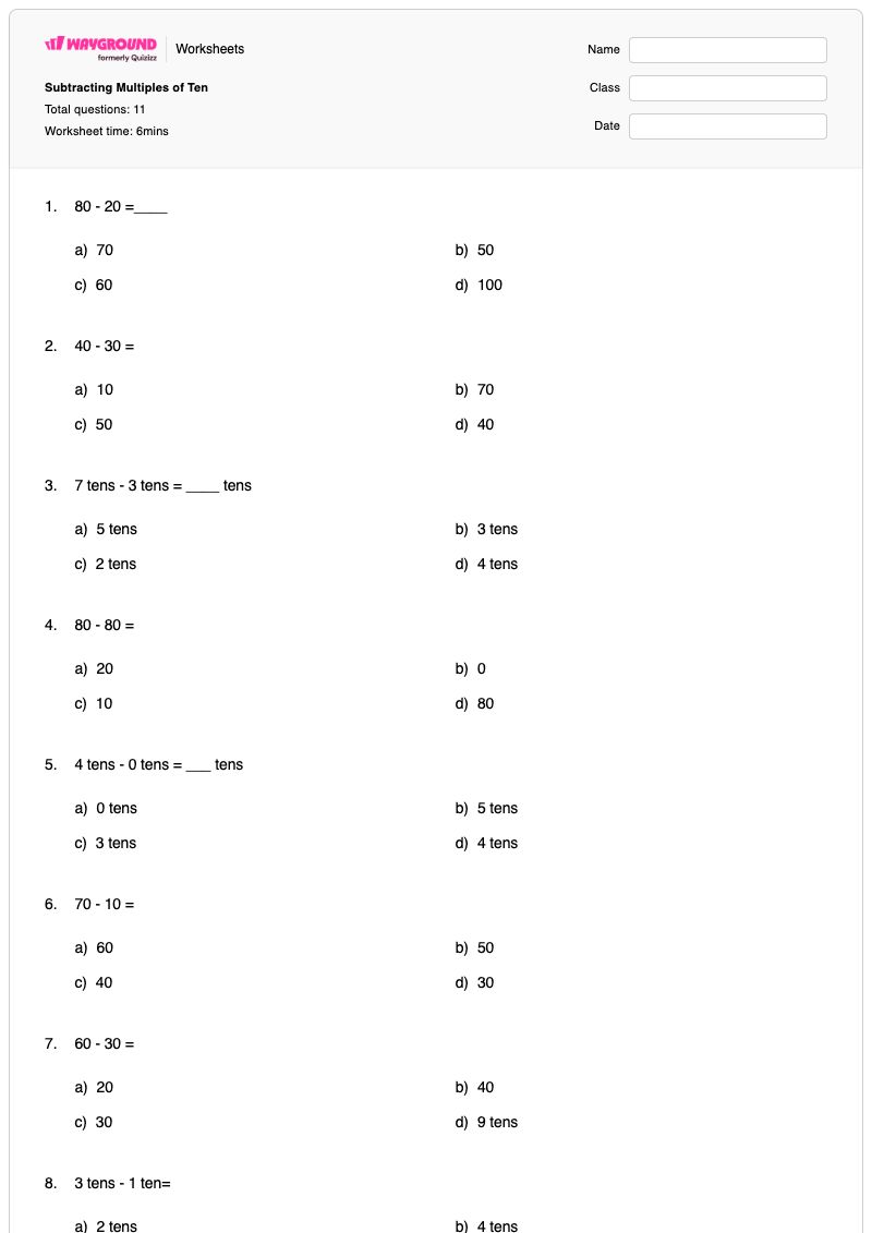 Subtracting Multiples of Ten - Printable Subtracting-with-zeros Worksheets Grade 1 - Wayground