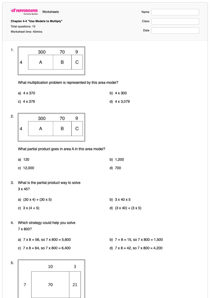 Chapter 4-4 "Use Models to Multiply" - พิมพ์ได้ แบบจำลองการคูณและพื้นที่ เวิร์กชีท - Wayground