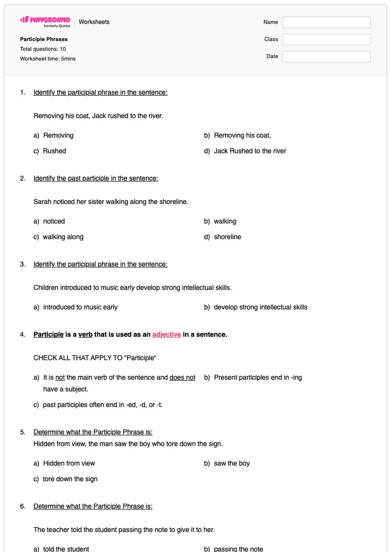 Participle Phrases - Printable Participial-phrases Worksheets Class 9 - Wayground