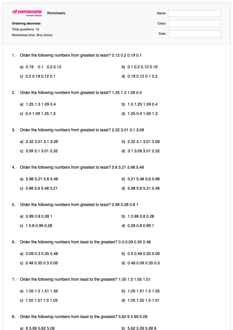 Ordering decimals - พิมพ์ได้ Ordering-decimals เวิร์กชีท ระดับ 4 - Wayground