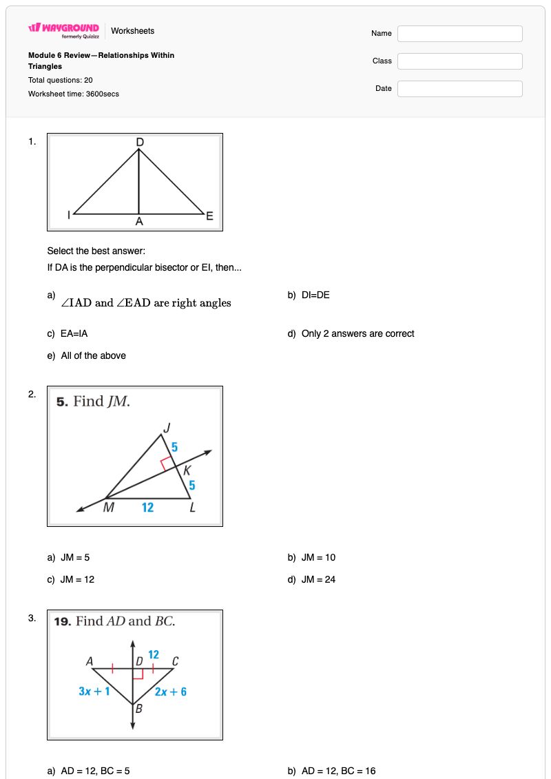 Module 6 Review—Relationships Within Triangles - พิมพ์ได้ Angle-bisector เวิร์กชีท - Wayground