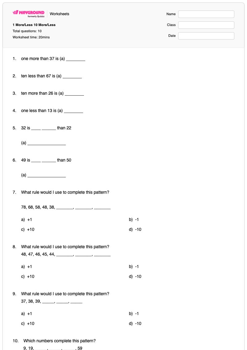 1 More/Less 10 More/Less - Printable Number-comparison-more-and-less Worksheets Grade 2 - Wayground