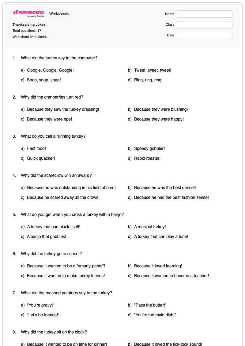 Thanksgiving Jokes - Printable Thanksgiving Worksheets Kindergarten - Wayground