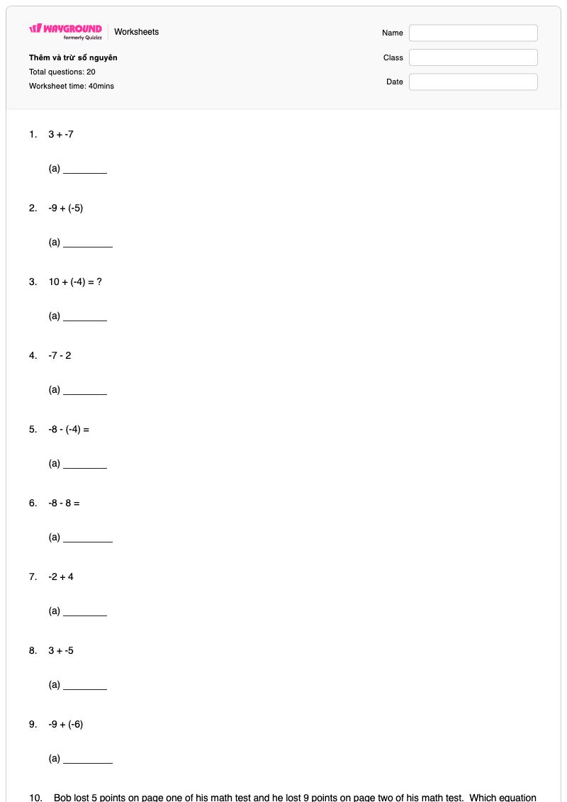 Adding and Subtracting Integers - Có thể in Thêm-1 Phiếu-bài-tập - Wayground