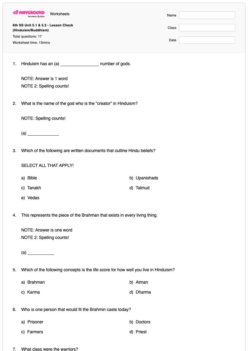 6th SS Unit 5.1 & 5.2 - Lesson Check (Hinduism/Buddhism) - พิมพ์ได้ ต้นกำเนิดของพุทธศาสนา เวิร์กชีท - Wayground