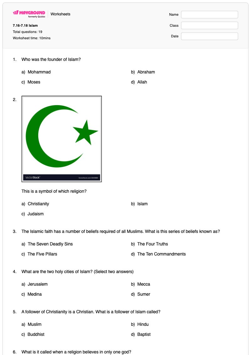 7.16-7.18 Islam - พิมพ์ได้ Ten-commandments เวิร์กชีท ระดับ 7 - Wayground