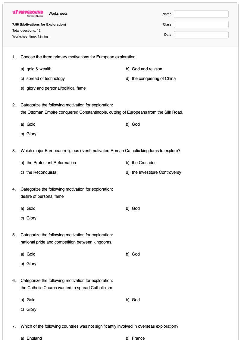 7.58 (Motivations for Exploration) - พิมพ์ได้ การสำรวจเส้นทางอาชีพ เวิร์กชีท ระดับ 7 - Wayground