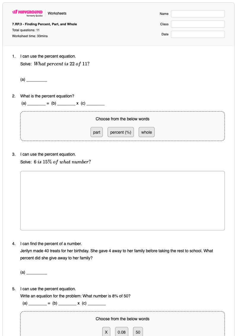 7.RP.3 - Finding Percent, Part, and Whole - Printable Part-part-whole-relationships Worksheets - Wayground