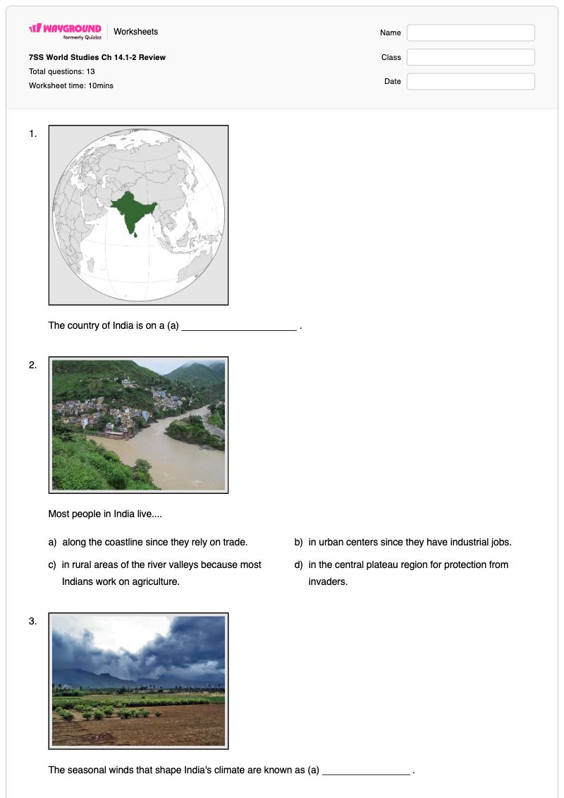 7SS World Studies Ch 14.1-2 Review - Imprimível Autorregulação Fichas-de-trabalho Série 7 - Wayground