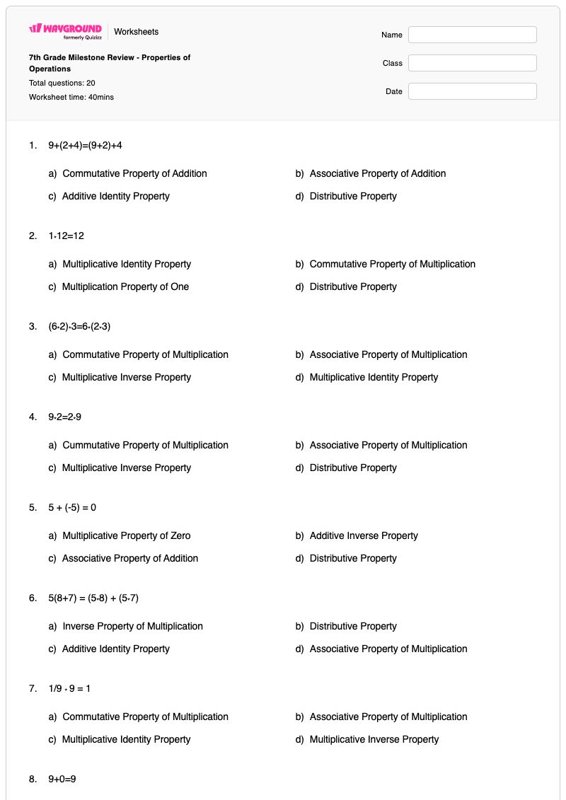 7th Grade Milestone Review - Properties of Operations - พิมพ์ได้ สมบัติการสับเปลี่ยนของการคูณ เวิร์กชีท - Wayground