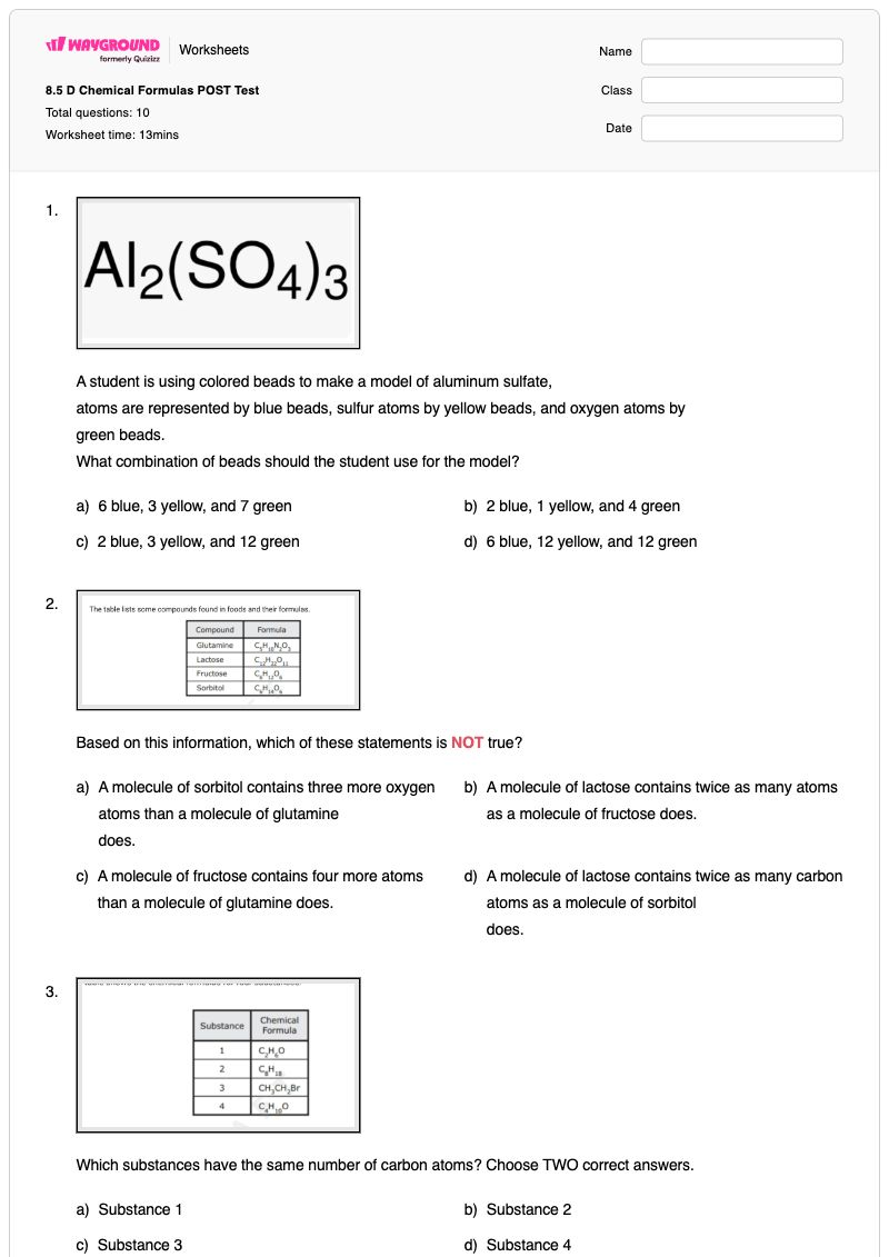 8.5 D Chemical Formulas POST Test  - พิมพ์ได้ ชื่อและสูตรทางเคมี เวิร์กชีท ระดับ 8 - Wayground