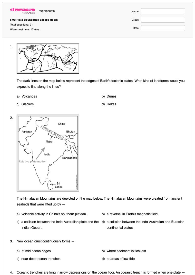 8.9B Plate Boundaries Escape Room - พิมพ์ได้ Ion-formation เวิร์กชีท ระดับ 8 - Wayground
