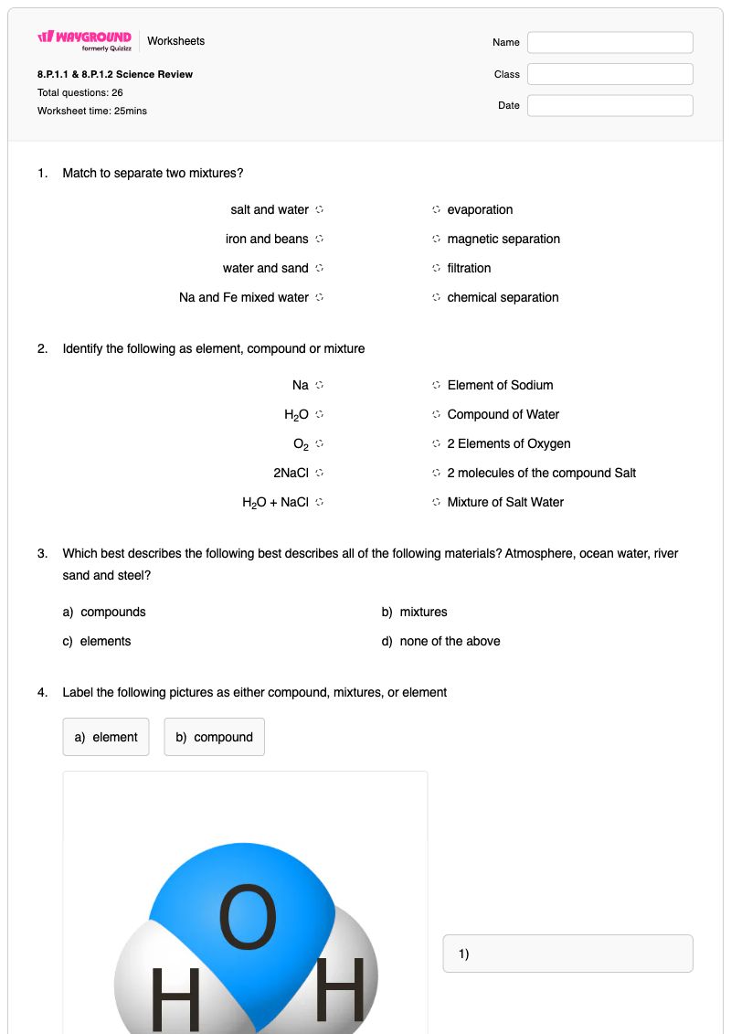 8.P.1.1 & 8.P.1.2 Science Review - พิมพ์ได้ Classification-and-changes เวิร์กชีท ระดับ 8 - Wayground