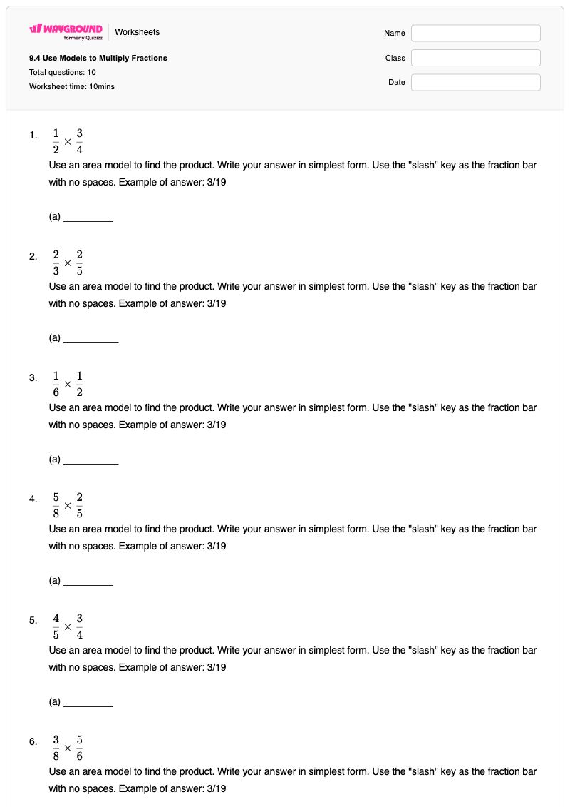9.4 Use Models to Multiply Fractions - Printable Multiplication-and-area-models Worksheets Year 5 - Wayground