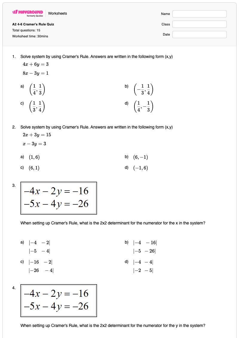 A2 4-6 Cramer's Rule Quiz - Printable Two-step-equations Worksheets - Wayground
