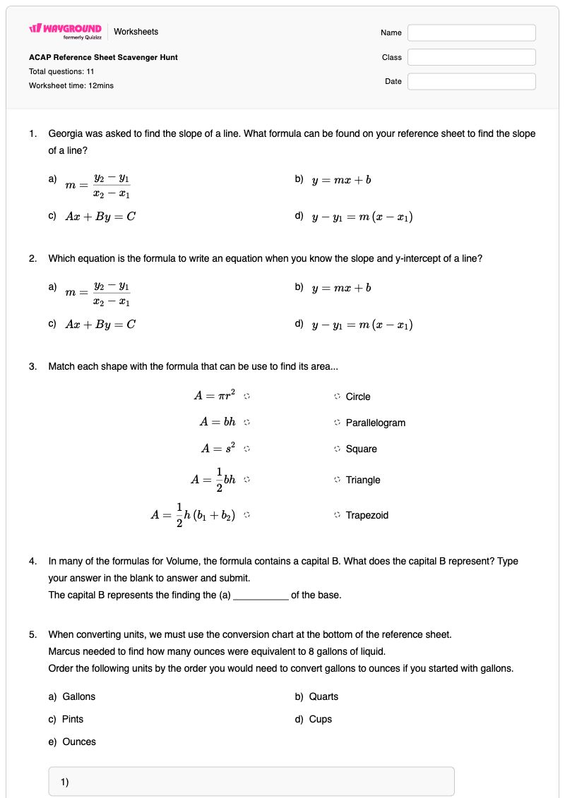 ACAP Reference Sheet Scavenger Hunt - พิมพ์ได้ การอ้างอิงเซลล์ในสเปรดชีต เวิร์กชีท ระดับ 8 - Wayground