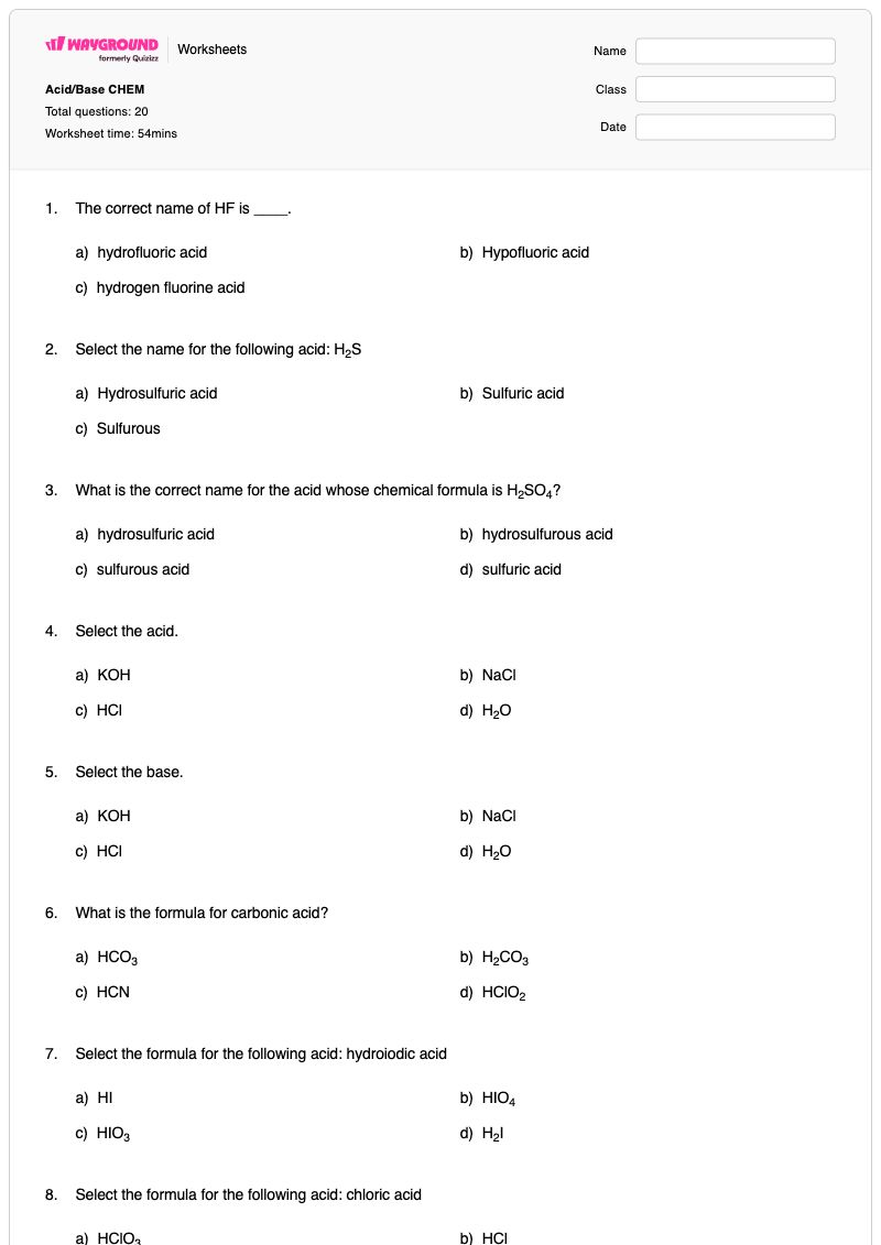 Acid/Base CHEM - พิมพ์ได้ ปฏิกิริยาการสะเทิน เวิร์กชีท ระดับ 11 - Wayground