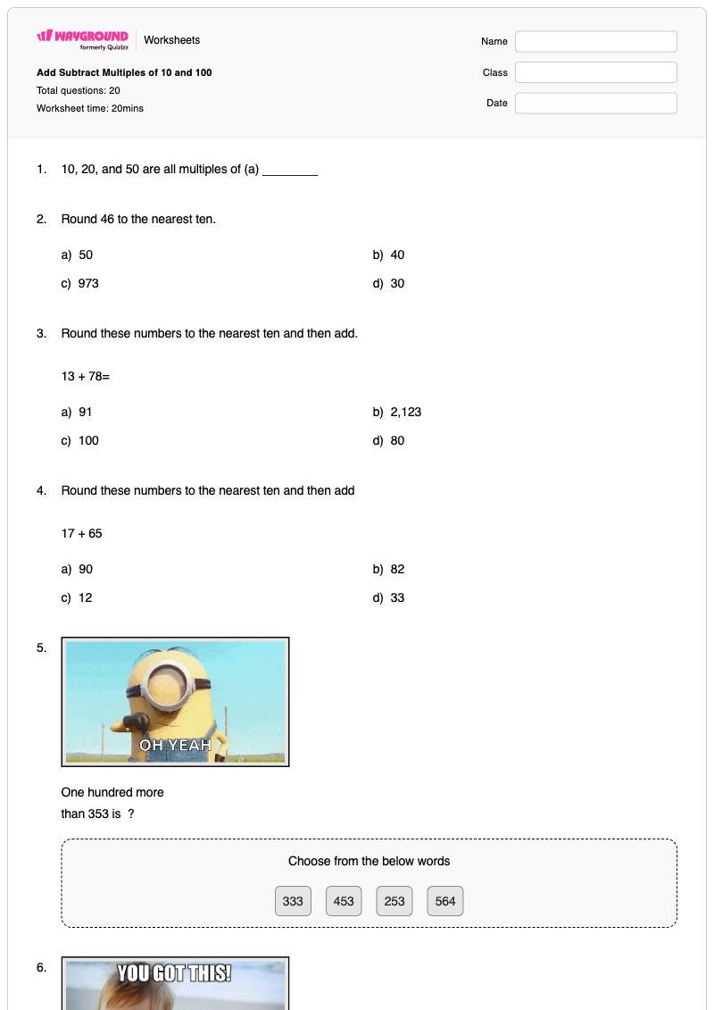 Add Subtract Multiples of 10 and 100 - Printable Multiples-of-10 Worksheets - Wayground